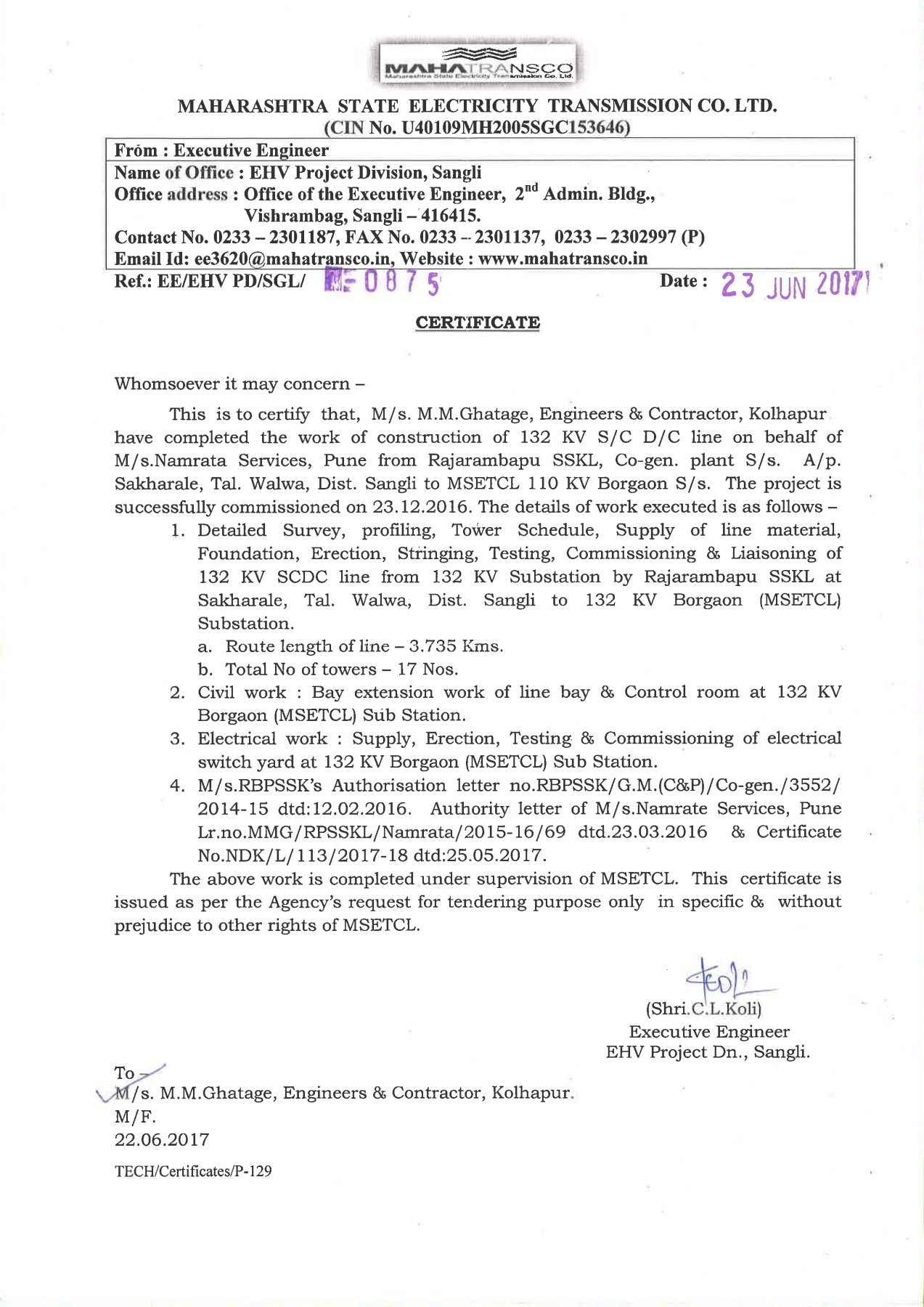 Co Gen Rajaram Bapu Line & substation